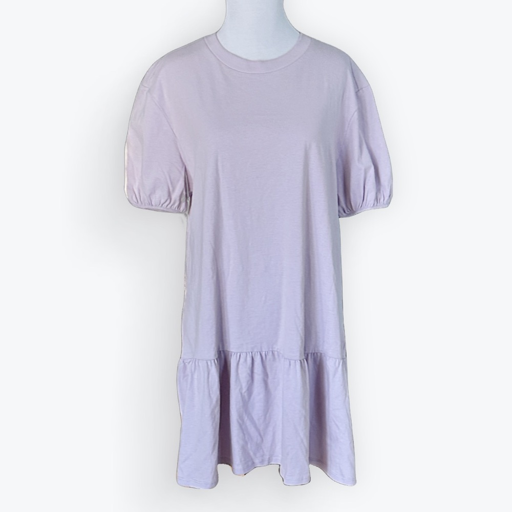 Boho Drop-Waist Puff-Sleeve Lavender Lilac Cotton Jersey Mini Dress Crewneck ~ S